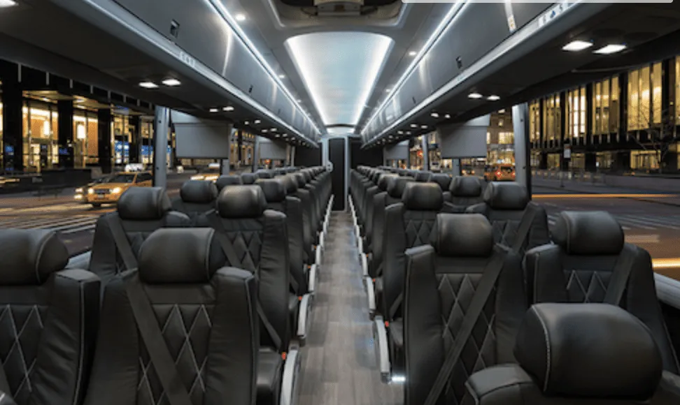 56 Passenger Charter Bus cabin view with LED ceiling lighting, passenger seat belts and overhead parcel racks