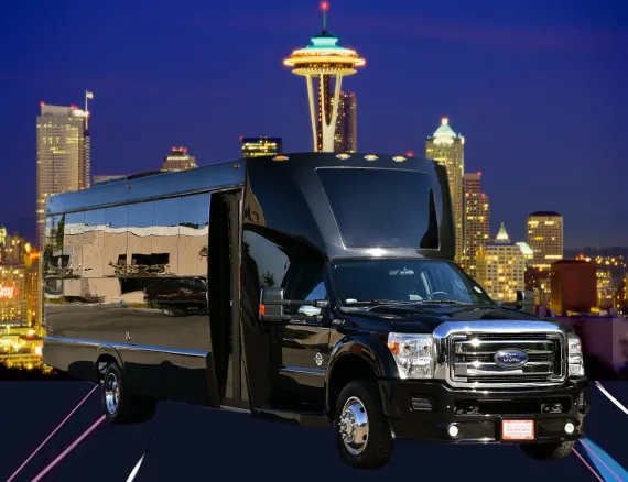 Black 28 Passenger Ford F550 Executive VIP Mini Coach exterior angle, angle 5