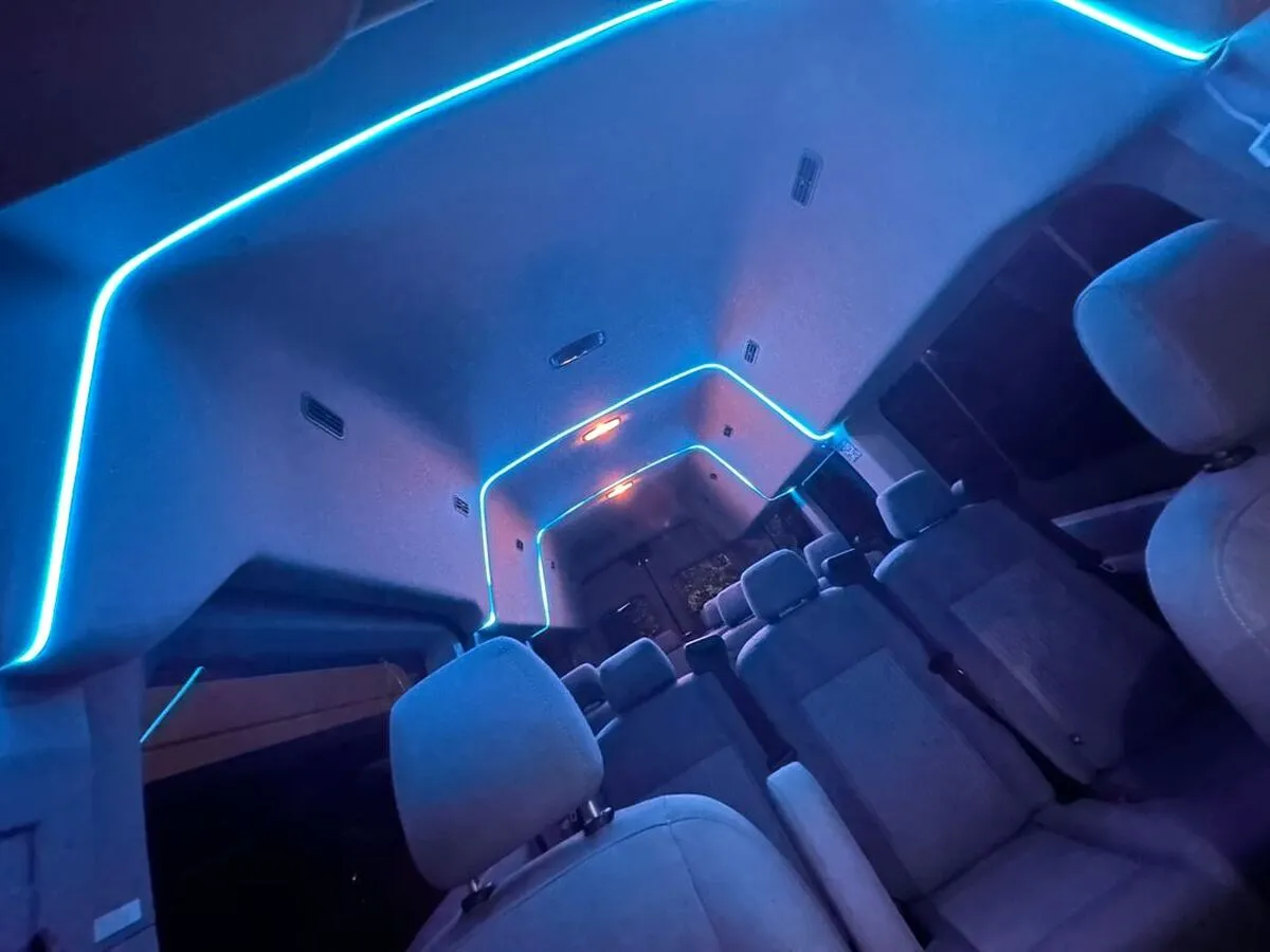 Ford Transit Van cabin view with high-roof cabin and LED ceiling lighting