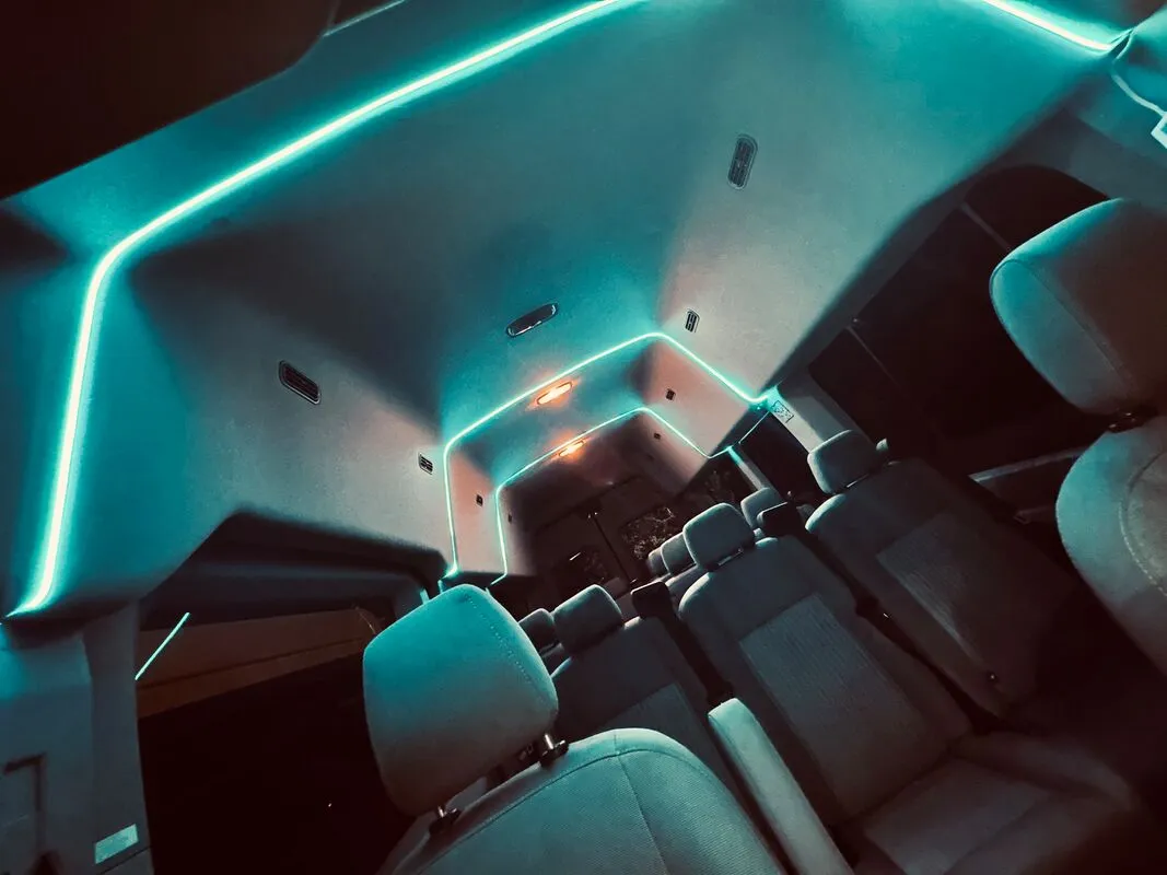 Ford Transit Van cabin view, angle 3 with high-roof cabin and LED ceiling lighting