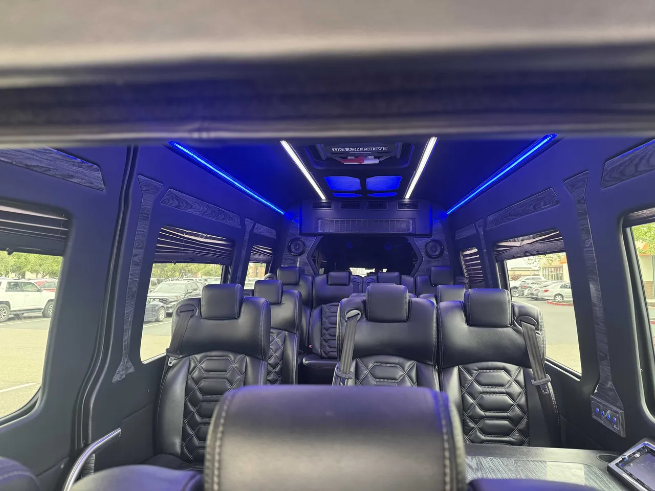 Mercedes-Benz Executive Sprinter cabin view with LED accent lighting and LED ceiling lighting