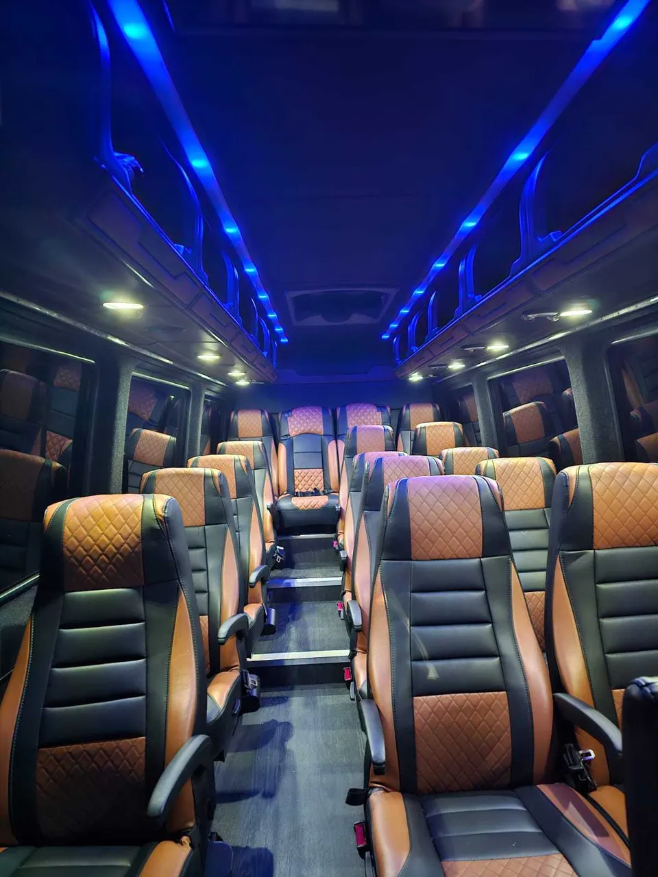 Mercedes-Benz Executive Sprinter cabin view with captain's chairs and LED accent lighting