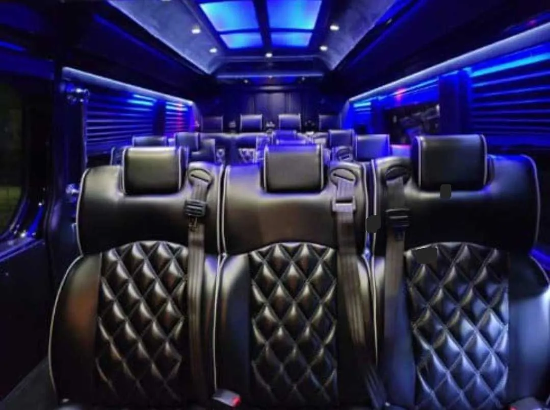Mercedes-Benz Executive Sprinter cabin view with captain's chairs, window shades and LED accent lighting