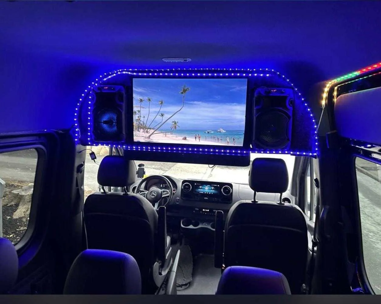 Mercedes-Benz Sprinter Mercedes-Benz Sprinter cabin view with LED accent lighting and TV screens