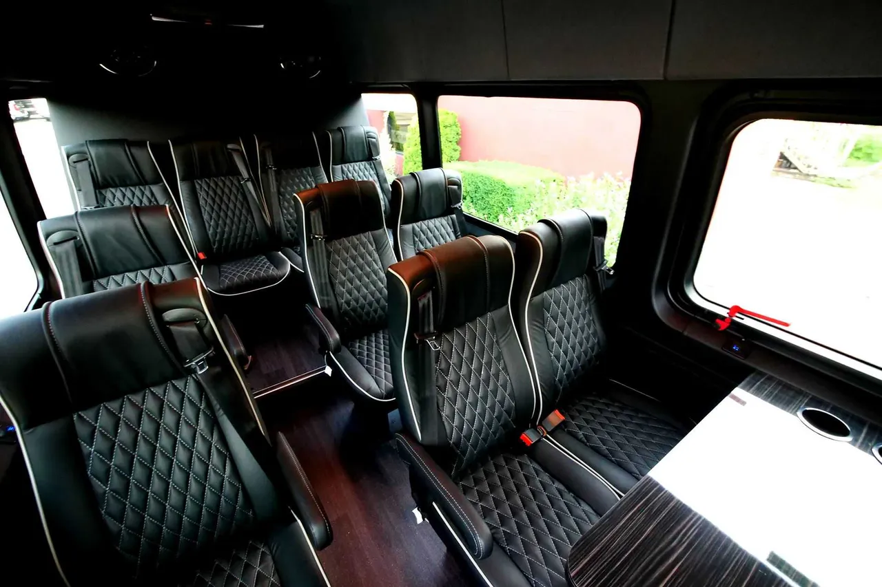Mercedes-Benz Executive Sprinter cabin view with captain's chairs, passenger tables and wood-look flooring