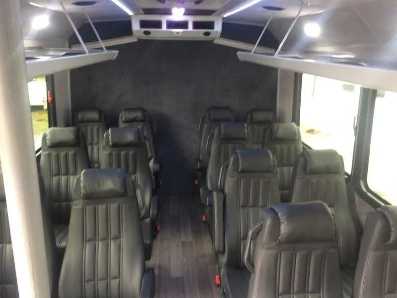 14 Passenger Mini Coach cabin view with wood-look flooring and overhead parcel racks