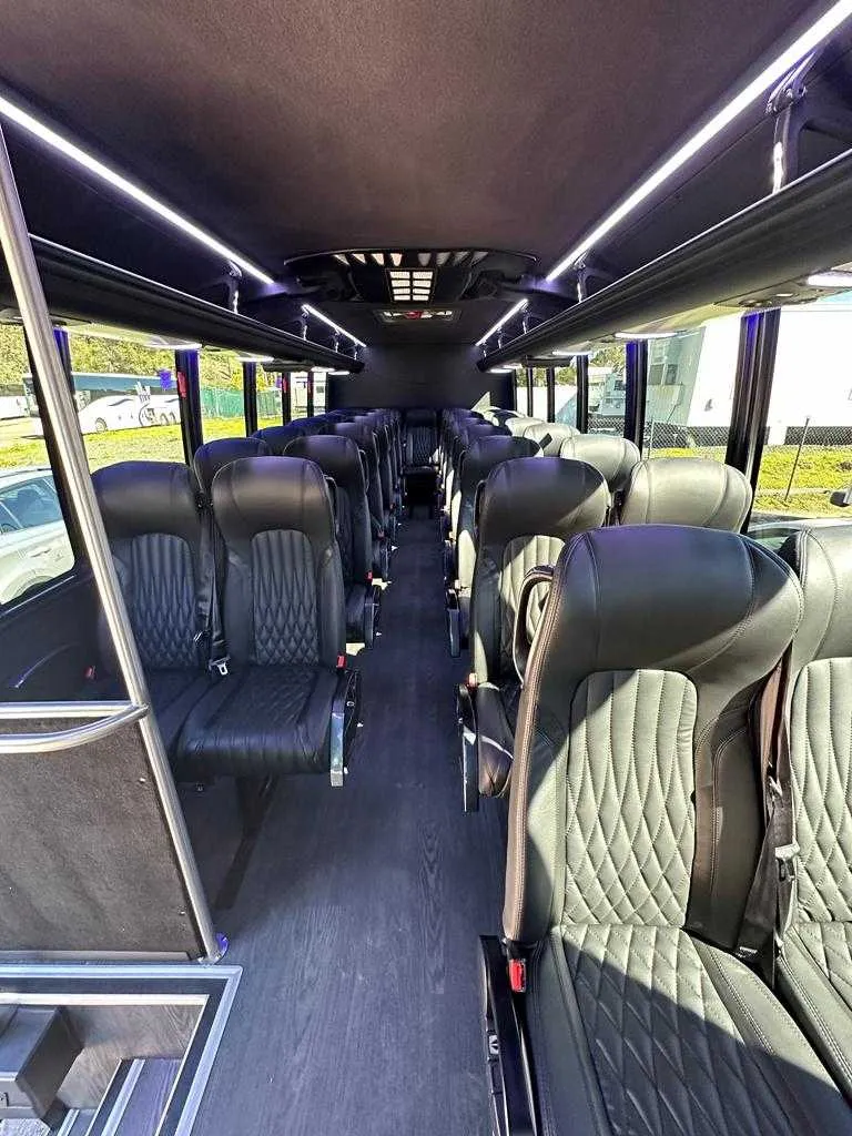 27 Passenger Mini Coach cabin view with LED ceiling lighting, passenger seat belts and overhead parcel racks