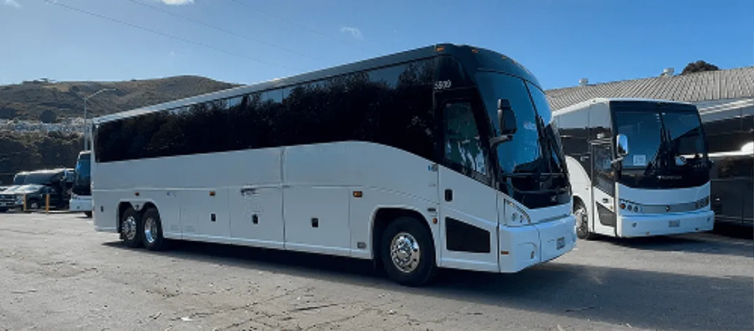 White 56 Passenger Motorcoach with tinted windows