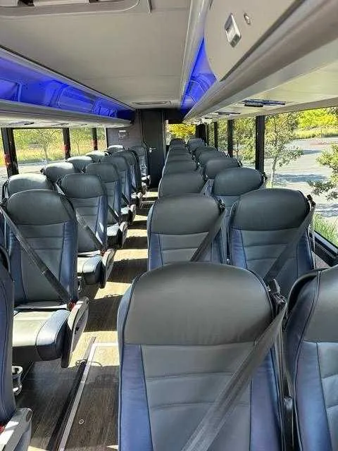 36 Passenger Motorcoach cabin view with LED accent lighting and overhead parcel racks