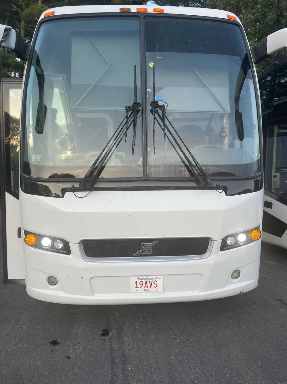 White Volvo Motor Coach exterior angle